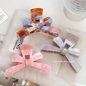 Large Bow Hair Claw Clip For Women Acrylic Marble Texture Glitter Shark Clip Korean Style Sweet Butterfly Hair Accessory