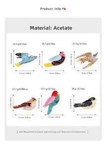 Detailed dimensions and weight chart for six different bird-shaped acetate hair claws
