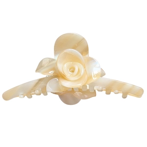 Elegant large 3D acetate rose flower hair claw clip with cream marble pearl texture finish