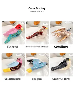 Detailed grid of six bird-shaped acetate hair claws including parrots and swallows