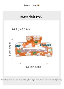 Detailansicht der orangefarbenen Haarspange aus PVC mit Gänseblümchen-Druck, 8,2 cm