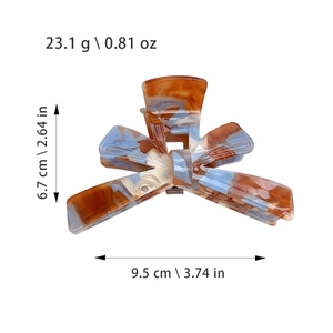 Large amber and blue marble acrylic bow hair claw clip for women, 9.5cm size
