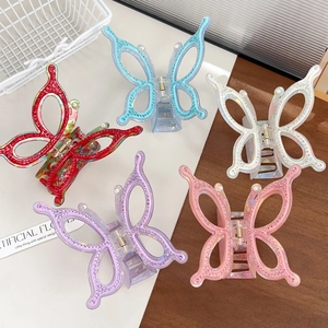 Butterfly Hair Claw Rhinestone Faux Artificial Pearl Large Acrylic Shark Clip Elegant Sparkling Transparent Updo Accessory Women