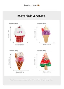 Detailed size chart for acetate hair clips featuring ice cream and watermelon shapes