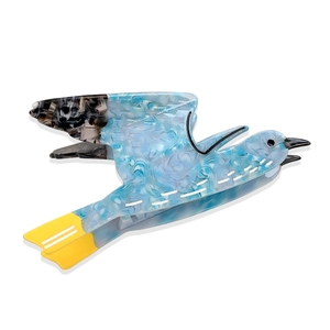 Blue marble acetate bird hair claw clip with yellow tail for elegant updo styling