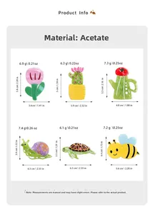 Detail showing six colorful acetate hair clips in cactus, bee, and animal shapes