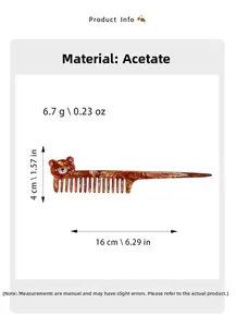 Detailed view of bear-shaped hair comb with tortoise shell pattern and exact dimensions