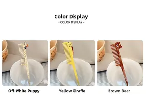 Detailed view of cartoon animal combs in beige dog, yellow giraffe, and brown bear styles