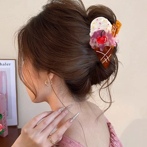 Cute acetate ice cream hair claw clip with cherry and waffle cone design for summer hair styling