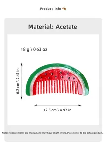 Detailed view of acetate watermelon hair comb with size dimensions of 12.5cm by 6.2cm