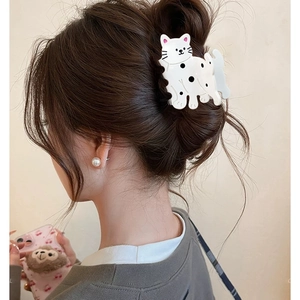 Pince à cheveux mignonne en forme de chat blanc à pois noirs en acétate pour femme
