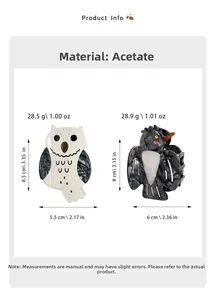 Detailed size and weight specs for acetate owl hair claws in marble and black patterns