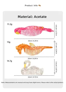 Size chart showing acetate hair comb dimensions for swan and sea horse designs