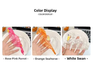 Detailed macro view of colorful acetate hair combs in parrot, seahorse, and duck shapes