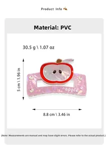 Detailed size and material specs for pink translucent apple fruit claw hair clip
