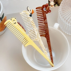 Cartoon animal shaped long handle hair combs with marble texture resin finish