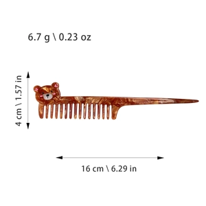 Cartoon bear long handle hair comb with brown tortoise shell pattern and lightweight design