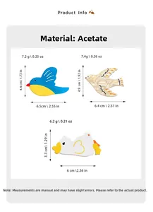 Size specifications for bird and duck acetate hair clips with detailed dimensions and weights