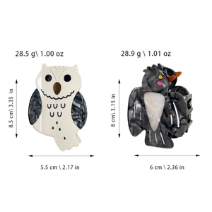 Cute cartoon owl hair claw clips in black, white, and marble grey resin styles