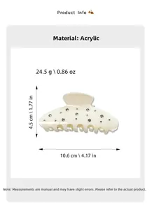 Detailed size chart for the rhinestone hair claw clip showing 10.6cm length and 4.5cm height