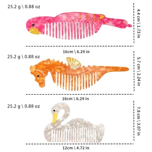 Cartoon animal hair combs in swan and seahorse shapes with marble textured acetate finish