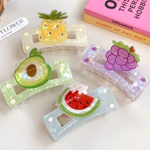 Set of fruit themed square hair claws with pineapple, avocado, watermelon, and grape designs