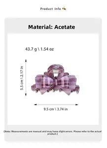 Detailed size and weight specs of purple acetate bow hair claw with marble texture