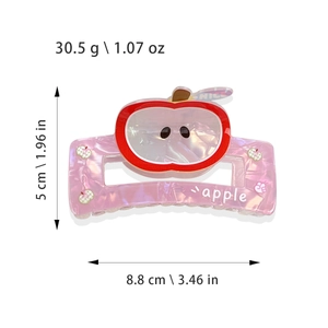 Pink hair claw clip with apple print, measures 8.8cm in length and 5cm in height