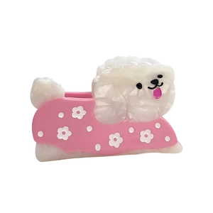 Niedliche Hunde-Haarklammer aus weißem Acetat mit rosa Blumenmuster-Design