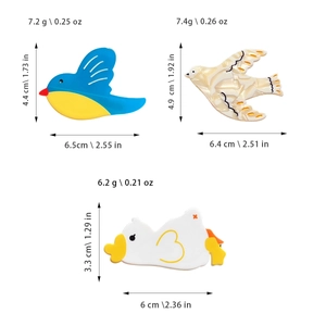 Three acetate bird-shaped hair clips with detailed dimensions and weights in white background
