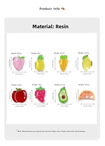 Size chart showing dimensions and weight for eight fruit-themed resin hair claw clips