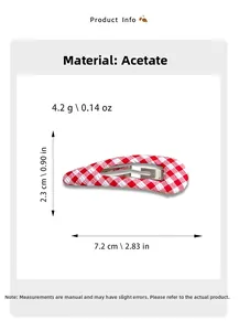 Detail view of red plaid acetate BB clip showing size dimensions 7.2cm and 4.2g weight