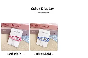Detail of red and blue checkered fabric hair clips displayed on Fashion Jewelry card