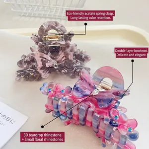 Pinces à cheveux élégantes en acétate marbré avec papillons, fleurs et strass brillants
