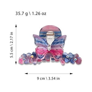 Pince à cheveux papillon élégante avec dégradé bleu-rose, strass et dimensions précises