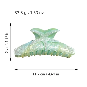 Green starfish hair claw clip with pearls and rhinestones, size 11.7cm and 37.8g weight