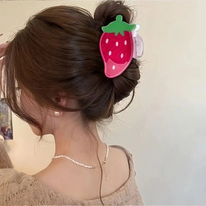 Sweet strawberry shaped large hair claw clip in red with green leaves for women