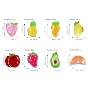 Size chart for 8 sweet fruit hair claws including peach and pineapple shapes with dimensions