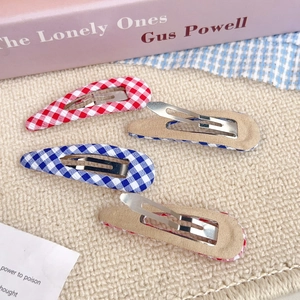 Set of four blue and red plaid fabric BB hair clips with classic snap closure