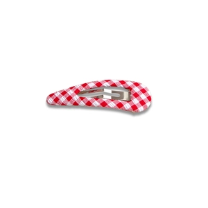Red and white checkered fabric BB hair clip with silver metal base on white background
