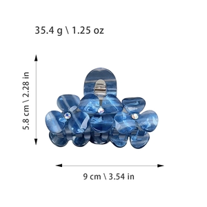 Blue gradient acetate flower hair claw clip with rhinestones and precise size measurements