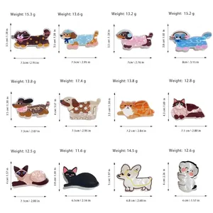 Größentabelle mit Maßen und Gewichten für zwölf Haarklammern in Tierform für Damen