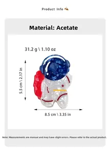 Detail view of acetate astronaut hair claw clip with dimensions and weight specs