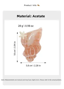 Detailed view of sea shell acetate hair claw clip with size dimensions and weight