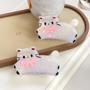 Pince à Cheveux en Acétate Forme Chat Blanc Künstliche Perle Iridescent Avec Nœud Rose Style Coréen Grande Pince pour Femme