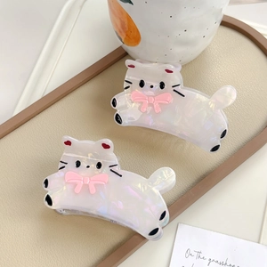Barrettes à cheveux mignonnes en acétate blanc perle en forme de chat avec nœud rose