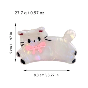 Pince à cheveux chat en acétate blanc avec nœud rose et indications de dimensions