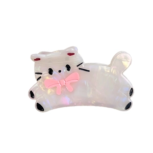 Pince à cheveux chat blanc mignon en acétate avec nœud rose et finition nacrée