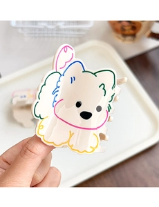 Vue détaillée d'une pince à cheveux chien crème avec rayures colorées et fini brillant
