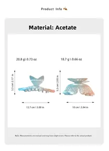 Detailed size chart for acetate gradient fish tail and butterfly hair claws with dimensions